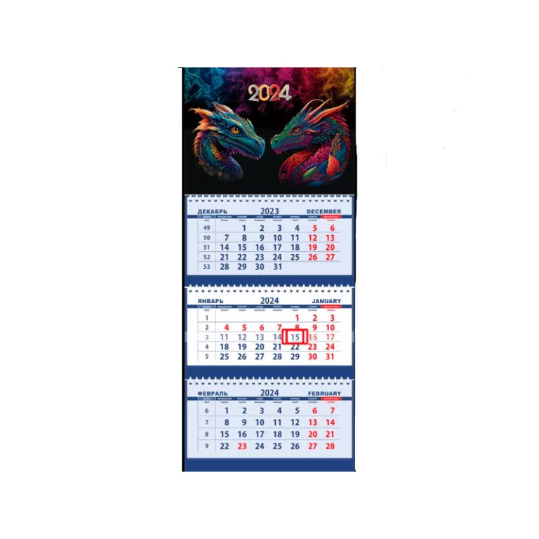 Календарь квартальный 3 бл. на 3 гр. 295×710 мм, Attomex «Два дракона», 2024  г. — Офисная техника